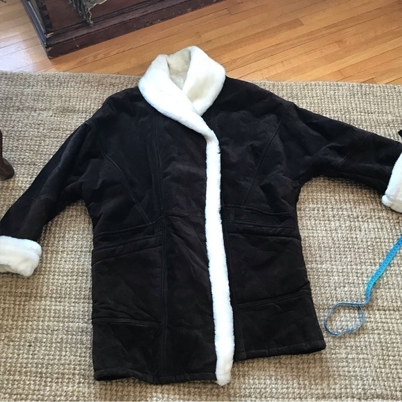 80s style suede leather jacket coat with faux shearling lining. Chocolate brown - Picture 7 of 11